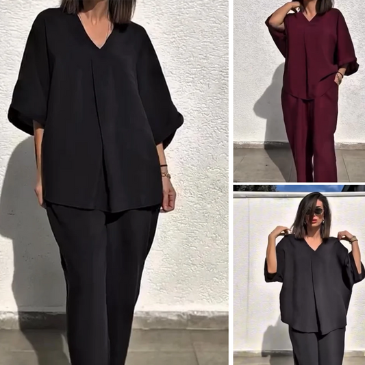 Casual Loose Fit Vrouwentruitje met V-hals en Broek Tweedelige Set
