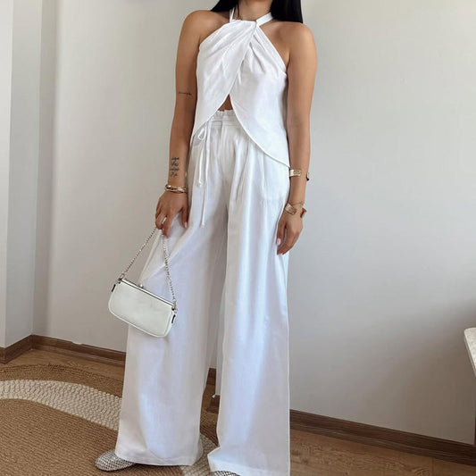 Casual haltertop en wijde broek, 2-delige set voor dames