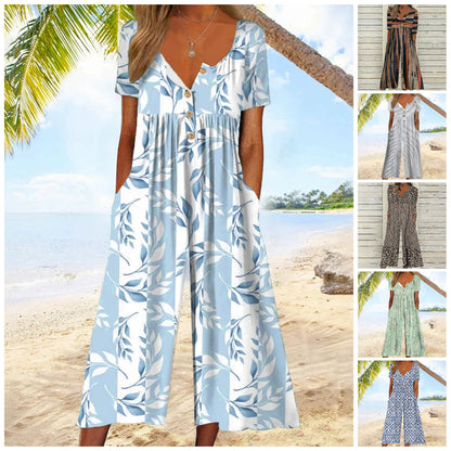 💥Laatste dag speciale aanbieding 50% KORTING💃Bedrukte V-hals jumpsuit met zijzakken
