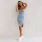 🎁2026 Nieuw binnen 50% KORTING💥 Verstelbare stok u -hals split split denim bodycon cami jurk