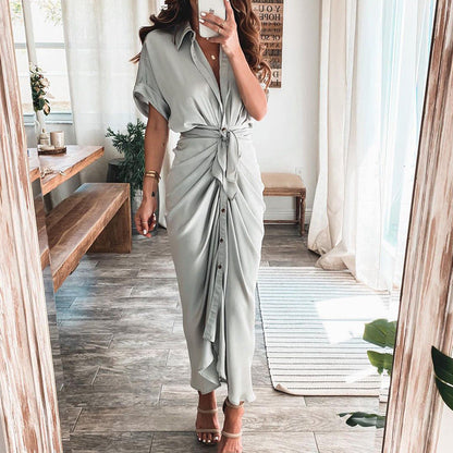 💖Tijdelijke Korting!🎀👗Hemdjurk met Ruches aan de Voorkant | Kapel V-hals | Met Verstelbare Riem | Katoenmix | Midi