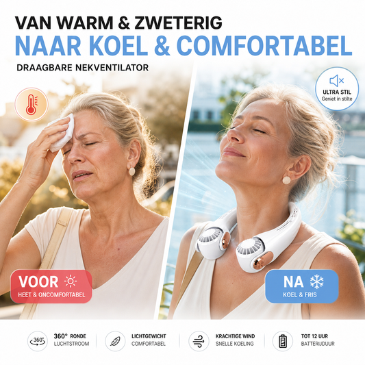 🎉【Aanbieding】🌬️✨Nekventilator met 360° Rotatie | Geluidsarm | 3 Standen | 12 Uur Batterij | USB-C | 2 Kopen = 5% Korting🎁