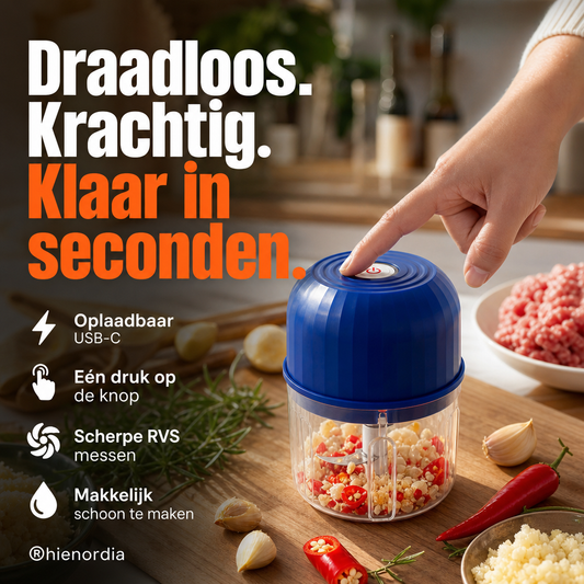 💥【50% OFF】🔥 Draadloze Mini Hakmolen | USB Oplaadbaar & Draagbaar | Eén Knop, Seconden Hakken | Roestvrijstalen Messen, Gelijkmatig | Voor Knoflook/Uien/Gember/Chili/Noten/Vlees | Voor Keuken/Kamp/Camping/BBQ 🔪e