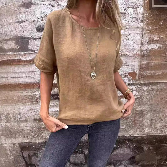 🎁aanbod voor bepaalde tijd🎁Vrouwen effen kleur ronde hals half mouwen katoenen linnen blouse