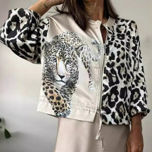 Dames rits korte jas met een tijger- en luipaardprint