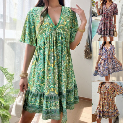🔥KOOP 2 EN KRIJG 10% KORTING👗Dames Mini-jurk met V-hals en korte mouwen en bloemenprint