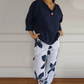 Vrouwen Crew Neck Tops ＆ Bedrukte Broek Set