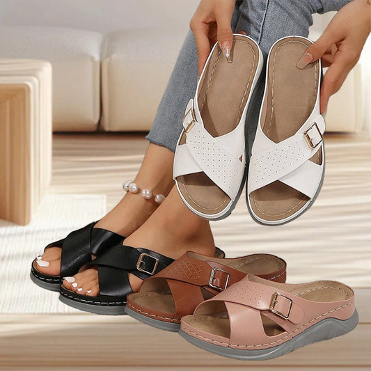 Dames strandslippers met kruisgesp en effen kleur