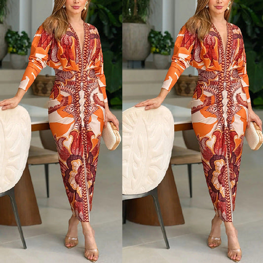 🌸💐Elegante, nauwsluitende V-hals jurk met print voor dames💥💥Tijdelijk aanbod: 50% korting op bestellingen