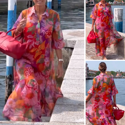 Rode jurk van chiffon met bloemenprint