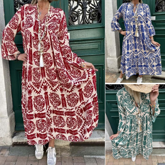 Geplooide jurk met V-hals en print voor dames