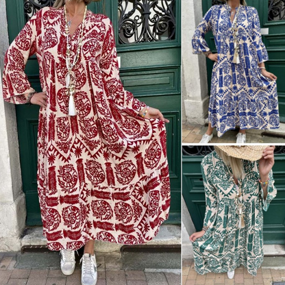 Geplooide jurk met V-hals en print voor dames