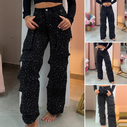 Dames broek met strass-steentjes en wijde pijpen met zakken