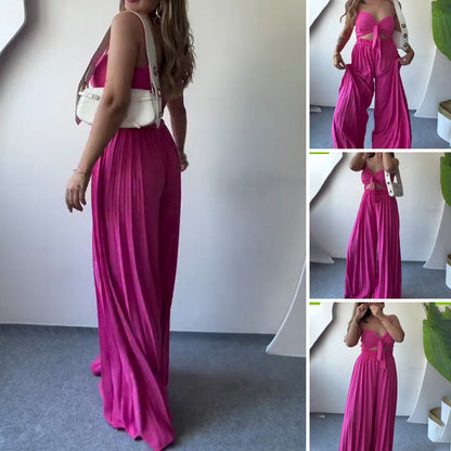 Jumpsuit met elastische taille, wijde broekspijpen en spaghettibandjes