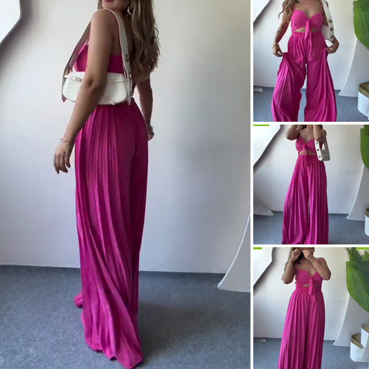 Jumpsuit met elastische taille, wijde broekspijpen en spaghettibandjes