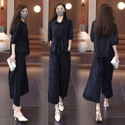 🔥Modieus, monochroom, glinsterend tweedelig pak: blouse en wijde broek