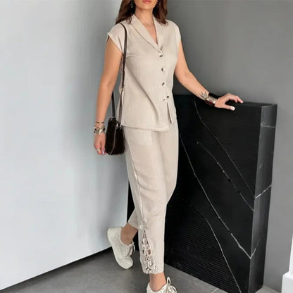 Dames top met kapmouwtjes en cropped broek, 2-delige outfits