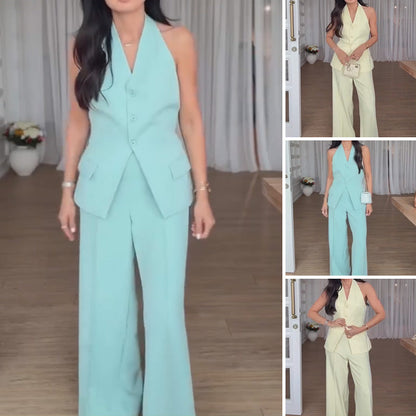 Dames Halter Vest & Wijde Pijpen Broek Set