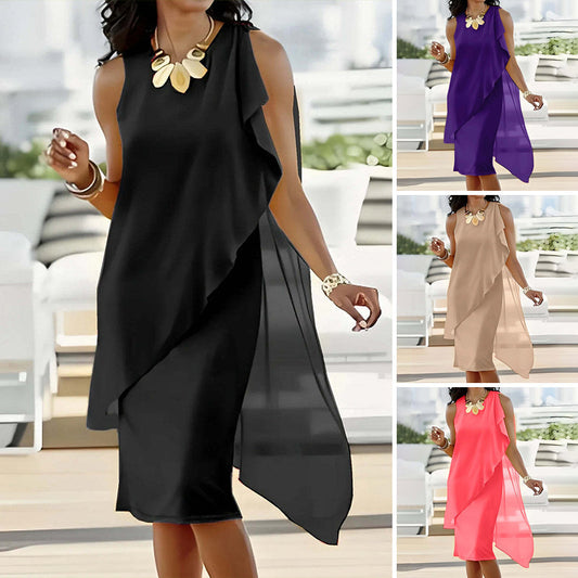 Dames Zomer Elegante Asymmetrische Mouwloze Jurk met Ronde Hals en Mesh Ontwerp