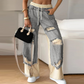 👖Patchwork jeansbroek met elastische tailleband en wijde pijpen