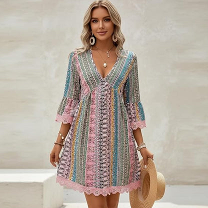💥【LIMITED TIME 50% OFF】🔥 Boho V-hals Jurk | Geometrische Print | Kanten Klokmouwen | Geschulpte Kanten Zoom | Ademend & Huidvriendelijk | S-2XL