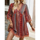 💥【LIMITED TIME 50% OFF】🔥 Boho V-hals Jurk | Geometrische Print | Kanten Klokmouwen | Geschulpte Kanten Zoom | Ademend & Huidvriendelijk | S-2XL