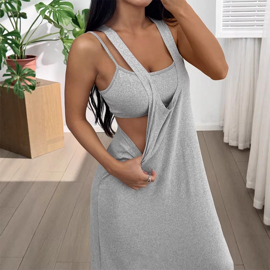 Vrouwen Tank Top Maxi Jurk | Met Zijaansnijdingen | Twee-Delen Look | Donkergrijs/Zwart