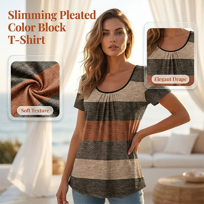 💥 Met 50% korting! 🔥 Plus-size T-shirt met plooien & kleurblokken – geruffelde hals, soepel vallend, ademend spandex, maat 1XL-5XL, 3 kleuren (paars/blauw/kaki) 👚