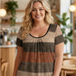 💥 Met 50% korting! 🔥 Plus-size T-shirt met plooien & kleurblokken – geruffelde hals, soepel vallend, ademend spandex, maat 1XL-5XL, 3 kleuren (paars/blauw/kaki) 👚