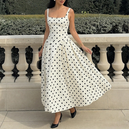 ✨👗【Aanbieding】💃Retro Stippen A-lijn Jurk | Vierkante Hals | Swing Rok✨