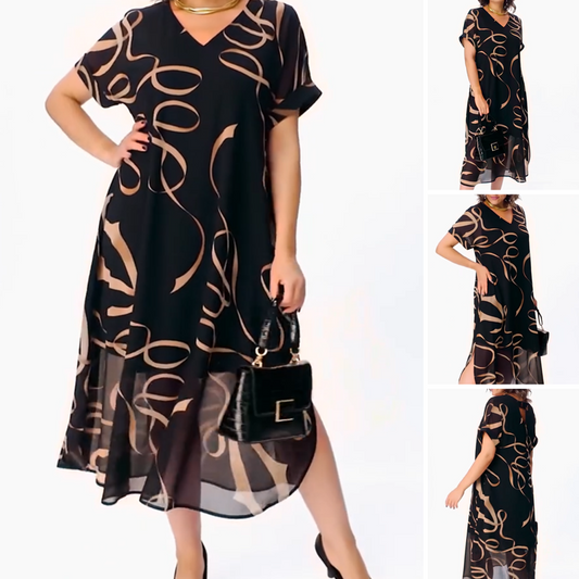⏳Tijdelijke aanbieding✨👗 Vloeiende V-Hals Midi Jurk | Dubbellaags Design | Lintpatroon | Zwart💃