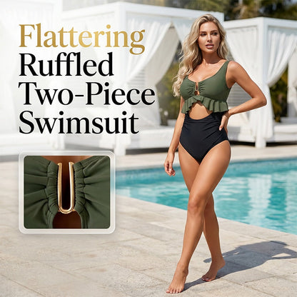 💥【LIMITED TIME 50% OFF】🔥 Flatterend Tweedelig Badpak met Ruffles | U-Bar Detail | Buikcontour | Stretch Mix | Olijfgroen/Smaragdgroen/Magenta | S-2XL