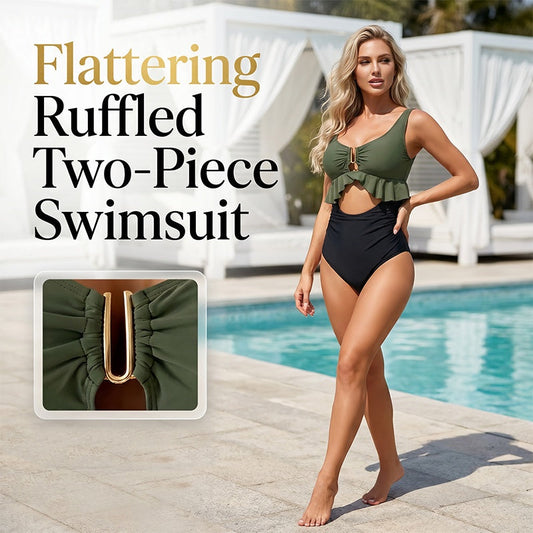 💥【LIMITED TIME 50% OFF】🔥 Flatterend Tweedelig Badpak met Ruffles | U-Bar Detail | Buikcontour | Stretch Mix | Olijfgroen/Smaragdgroen/Magenta | S-2XL