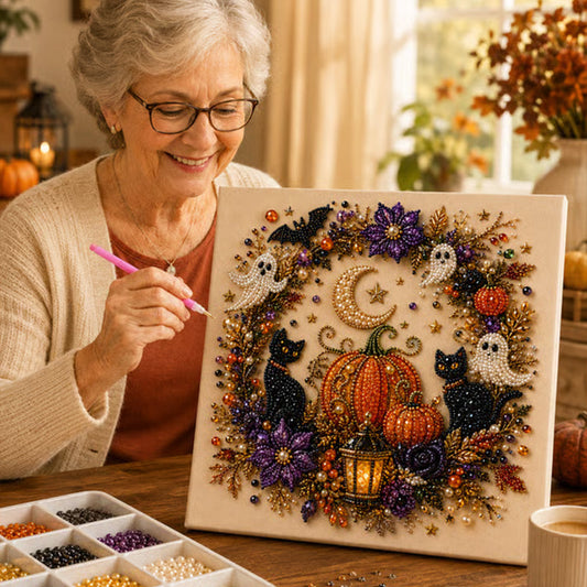 💥【LIMITED TIME 50% OFF】🔥 Halloween Diamantschilderij DIY Set | Spook/Pompoen/Heks Motieven | Incl. Canvas + Parels + Gereedschap | Stressverlichtend