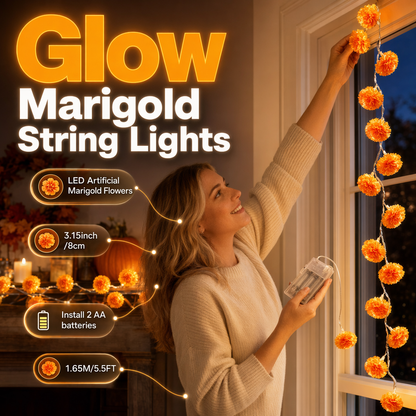 💥 50% korting! 🎃 Goudsbloem LED-snoerlampjes – realistische stoffen bloemen, warme oranje gloed. Lengte 1,5m tot 4,5m. Batterij, USB of afstandsbediening. Perfect voor Halloween 🌼