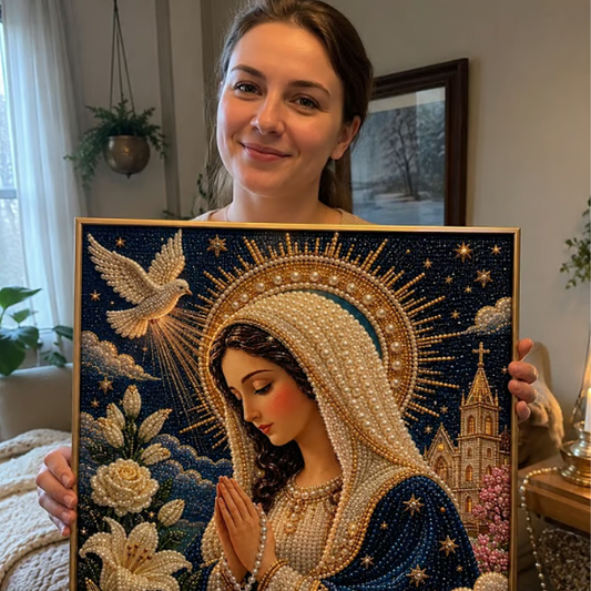 💥【LIMITED TIME 50% OFF】🔥 Christelijke Diamond Art DIY Hanger | Rozenkrans/Heilige Duif/Gouden Genade/Lelie Maria | HD Canvas + Parels | Stressverlagend Knutselen | Geloofscadeau