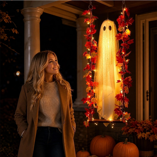 💥【LIMITED TIME 50% OFF】🔥 Hangende Spookschommel Halloween | LED-Verlichting met Afstandsbediening | Realistische Esdoornkrans | Weerbestendig | Eenvoudige Ophanging Zonder Boren | 1.2/1.5/1.8m Drie Maten
