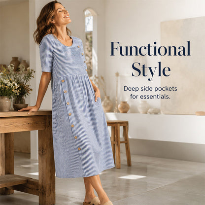 💥【LIMITED TIME 50% OFF】🔥 Klassieke Gestreepte Jurk | Visueel Afslankend Streepjespatroon | Comfortabel & Ademend | Functionele Zijzakken | Maat S-4XL | Blauw/Grijs/Abrikoos | Kantoor/Vakantie/Dagelijks