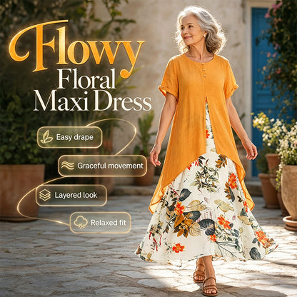 💥【LIMITED TIME 50% OFF】🔥 Tweedelig Ogende Bloemenjurk | Effen Top + Bloemenrok | Losse Relaxte Pasvorm | Asymmetrische Zoom | Maat M-5XL | Groen/Geel/Rood