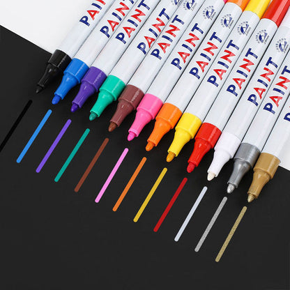💥【50% OFF】🔥 12 Kleuren Bandenmarkers | Water- & Weerbestendig | Sneldrogend, Geen Vlekken | Voor Banden/Metaal/Kunststof/Hout/Glas/Papier | 2,8mm Punt | Voor Auto/Motor/Fiets 🚗