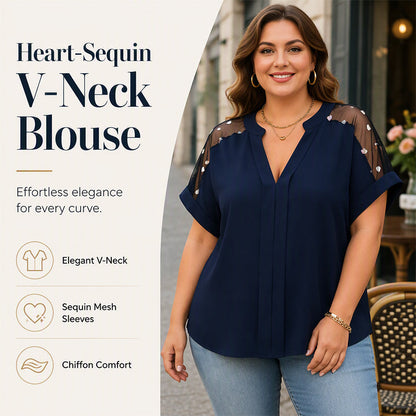 💥【50% OFF】🔥 Plus-size V-hals Paillettenblouse | Hartvormige Pailletten Mouwen | Slankmakende V-hals | Lichtgewicht Chiffon | Maat 0XL-5XL | 4 Kleuren: Zwart/Koningsblauw/Jujube/Navy | Van Dag tot Avond 👗
