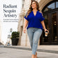 💥【50% OFF】🔥 Plus-size V-hals Paillettenblouse | Hartvormige Pailletten Mouwen | Slankmakende V-hals | Lichtgewicht Chiffon | Maat 0XL-5XL | 4 Kleuren: Zwart/Koningsblauw/Jujube/Navy | Van Dag tot Avond 👗