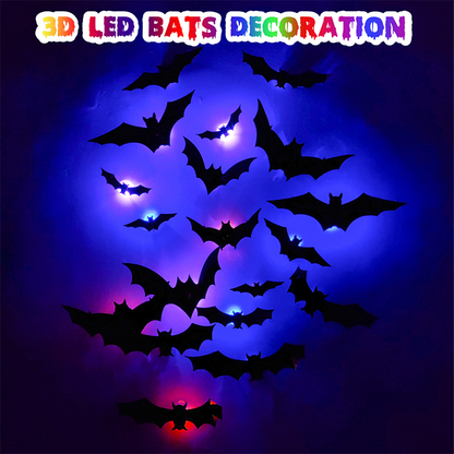 💥【50% OFF】🔥 3D LED Vleermuis Wanddecoratie | Realistisch Vliegeffect | Buigbare Vleugels | Dik PVC, Krasbestendig | Zelfklevend, Geen Boren | 12/24/48 Stuks | 5 Maten | Paarse LED voor Griezelige Sfeer | Halloween Must-have 🦇