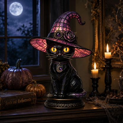 💥 Met 50% korting! 🔥 Gotische Halloween-heksenkat tafellamp – glas-in-lood-look, warme gloed, hars, antiekbrons, inline-schakelaar, 25×25 cm, zwart, perfect voor nachtlampje/decoratie 🐱