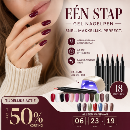 💥【50% OFF】🔥 3-in-1 One Step Gel Pen Set | Geen Primer/Topcoat Nodig | LED/UV Uitharding in 60 Seconden | 18 Kleuren, 15-30 Dagen Houdbaar | Incl. 2 Gel Pennen + Draagbare UV Lamp | Salonkwaliteit Thuis 💅